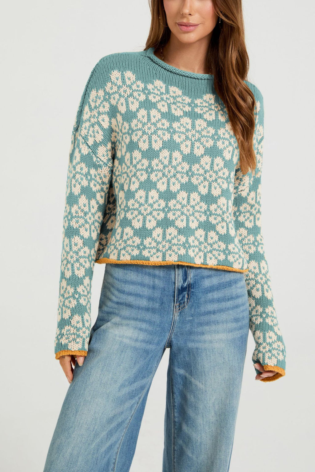 Retro Daisy Jacquard Cropped Pullover - Green