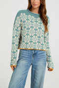 Retro Daisy Jacquard Cropped Pullover - Green