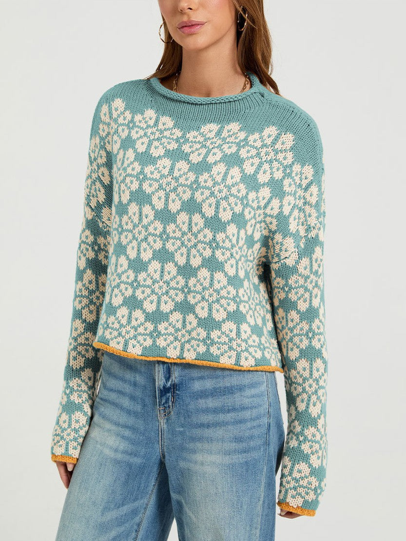 Retro Daisy Jacquard Cropped Pullover - Green - 1