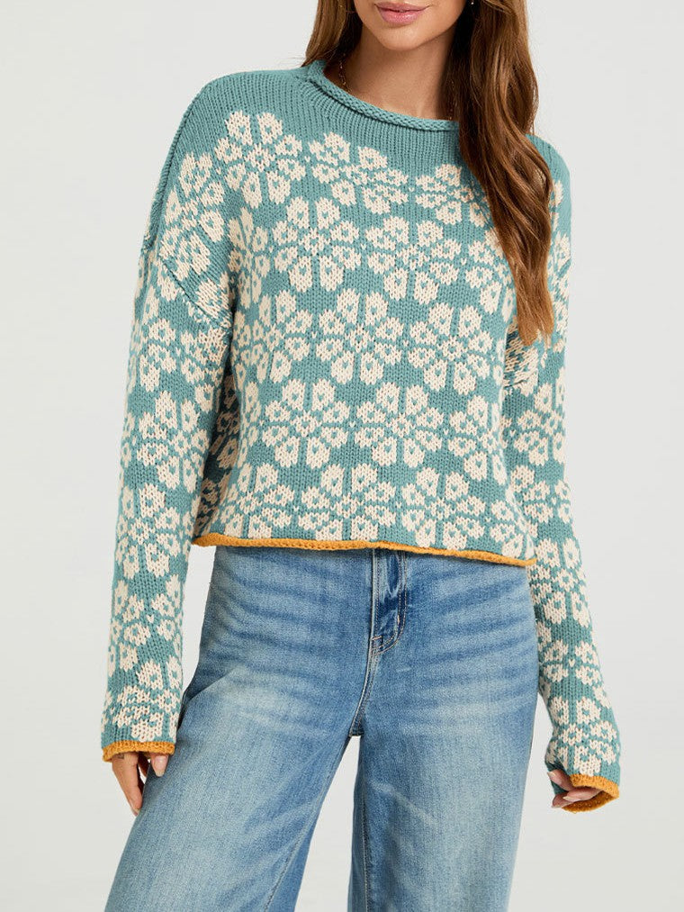 Retro Daisy Jacquard Cropped Pullover - Green - 2