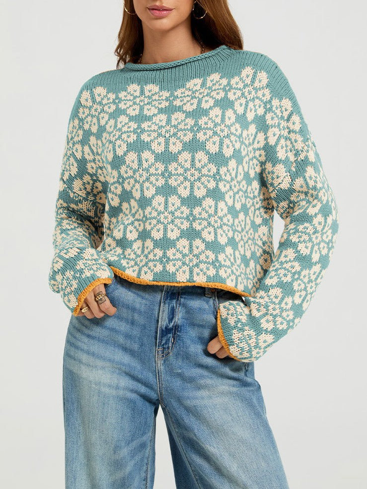Retro Daisy Jacquard Cropped Pullover - Green - 3