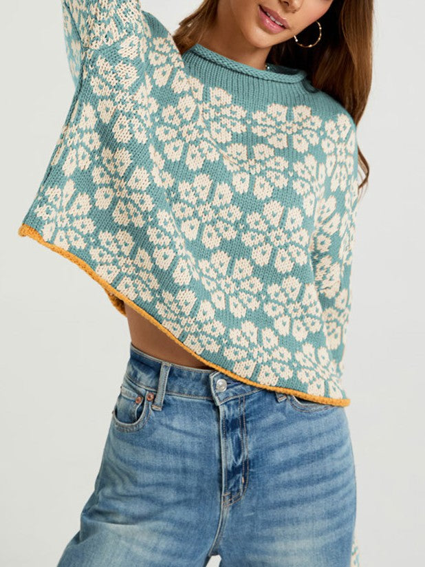 Retro Daisy Jacquard Cropped Pullover - Green - 4
