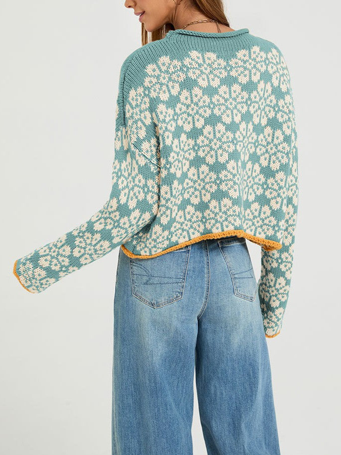 Retro Daisy Jacquard Cropped Pullover - Green - 5