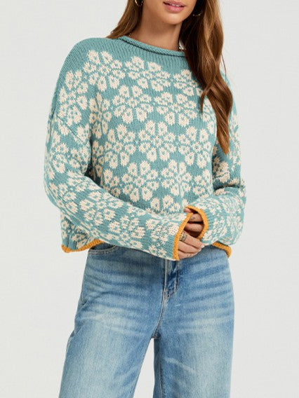 Retro Daisy Jacquard Cropped Pullover - Green - 7