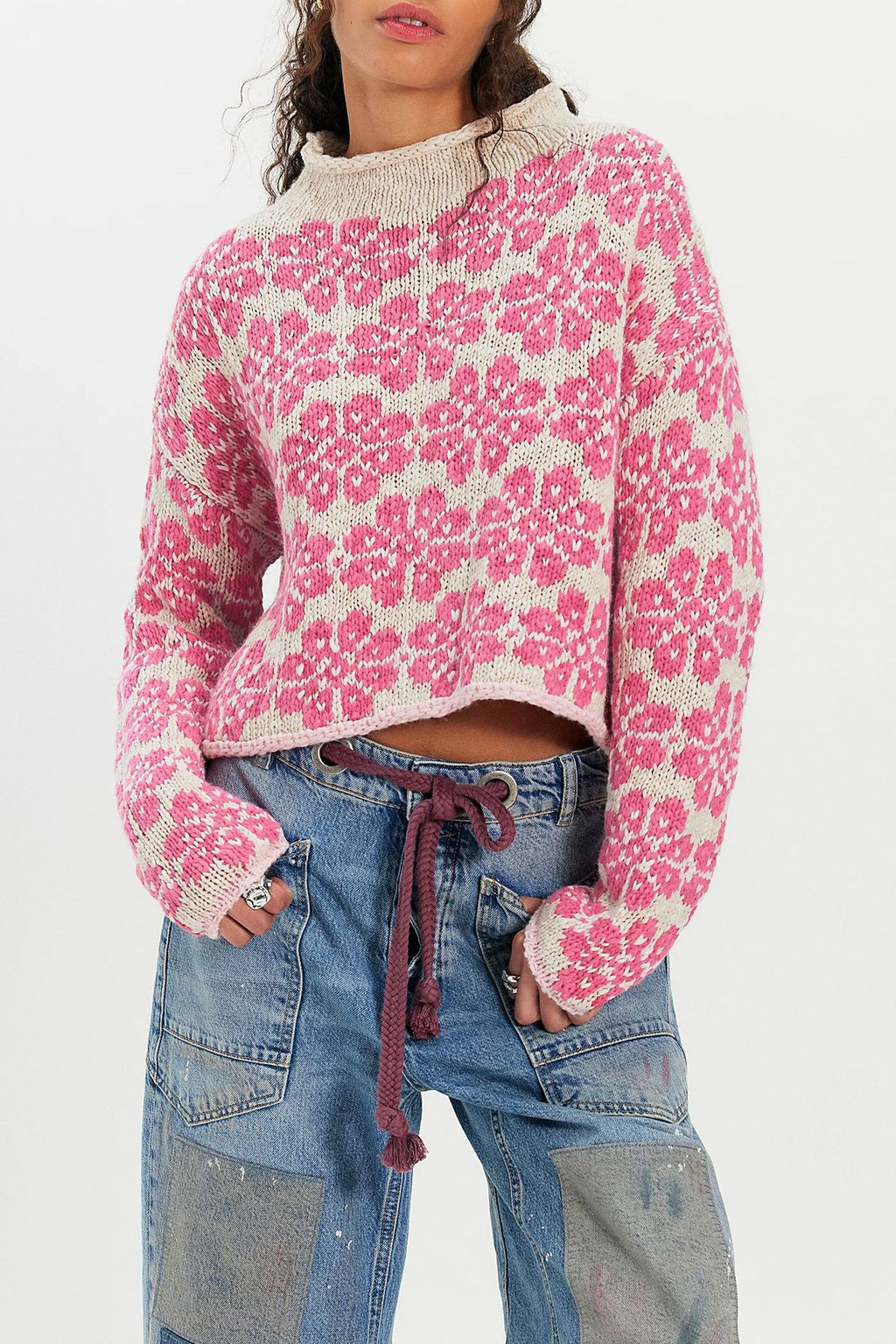 Retro Daisy Jacquard Cropped Pullover - Pink