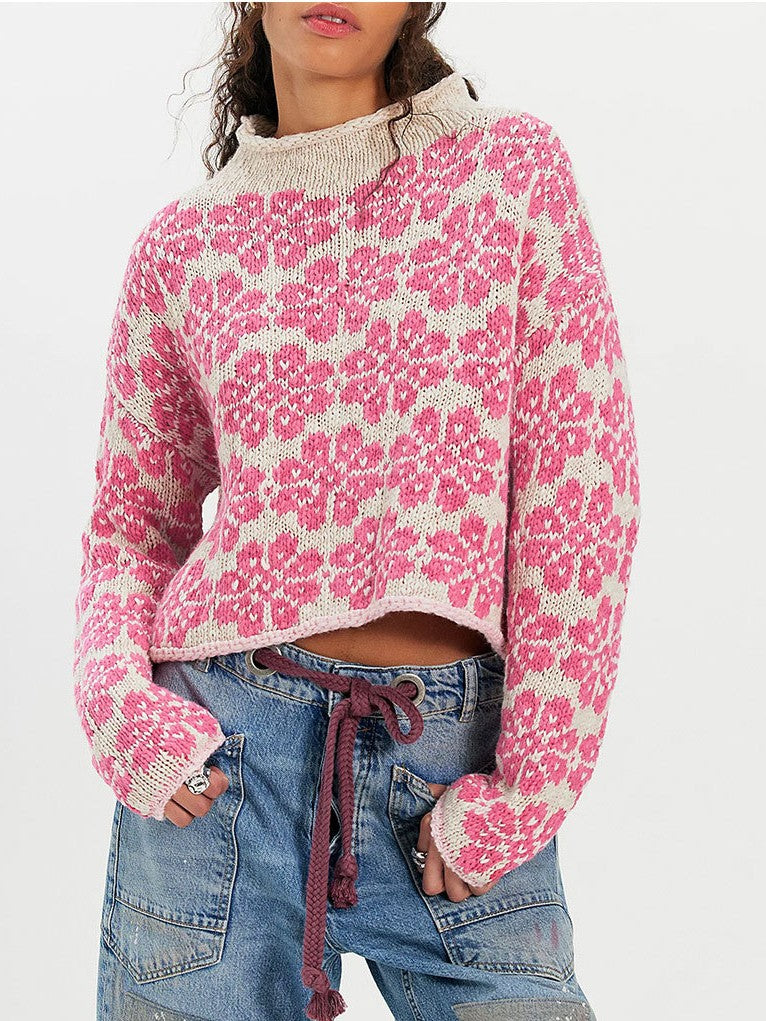 Retro Daisy Jacquard Cropped Pullover - Pink - 1