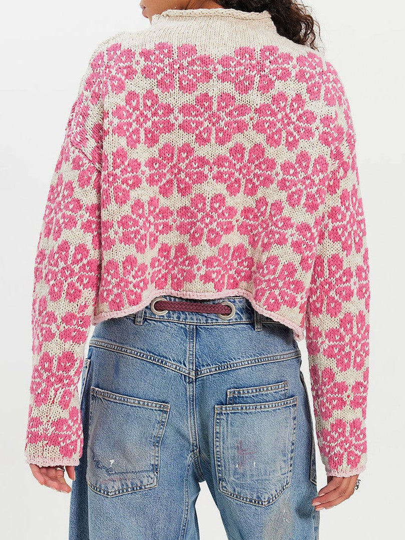 Retro Daisy Jacquard Cropped Pullover - Pink - 2