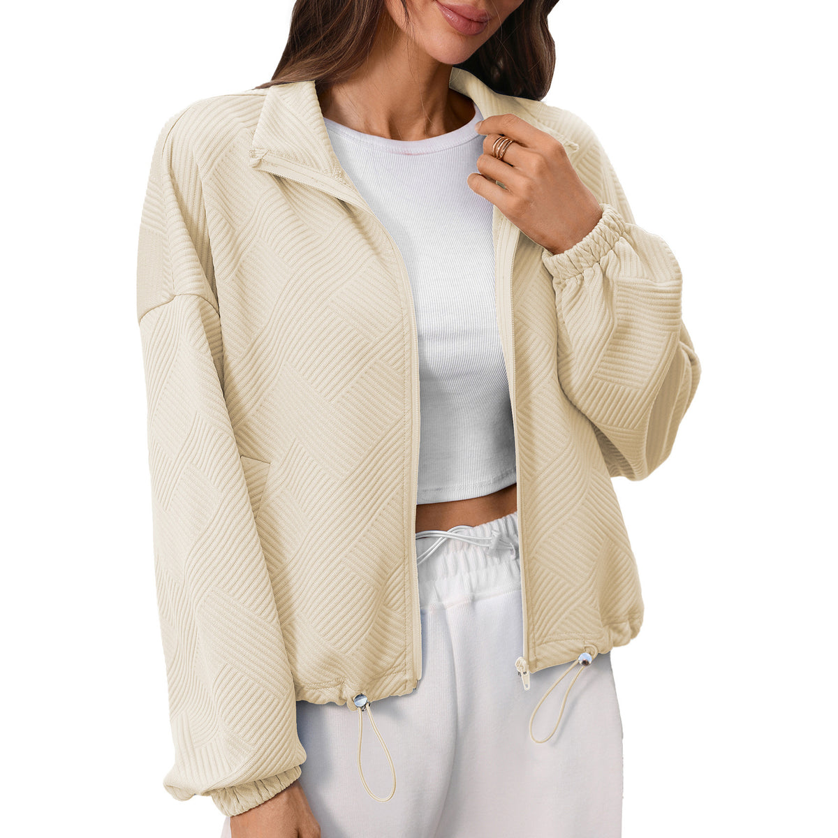 Boxy Puff Sleeve Coat With Waffle Texture - Apricot