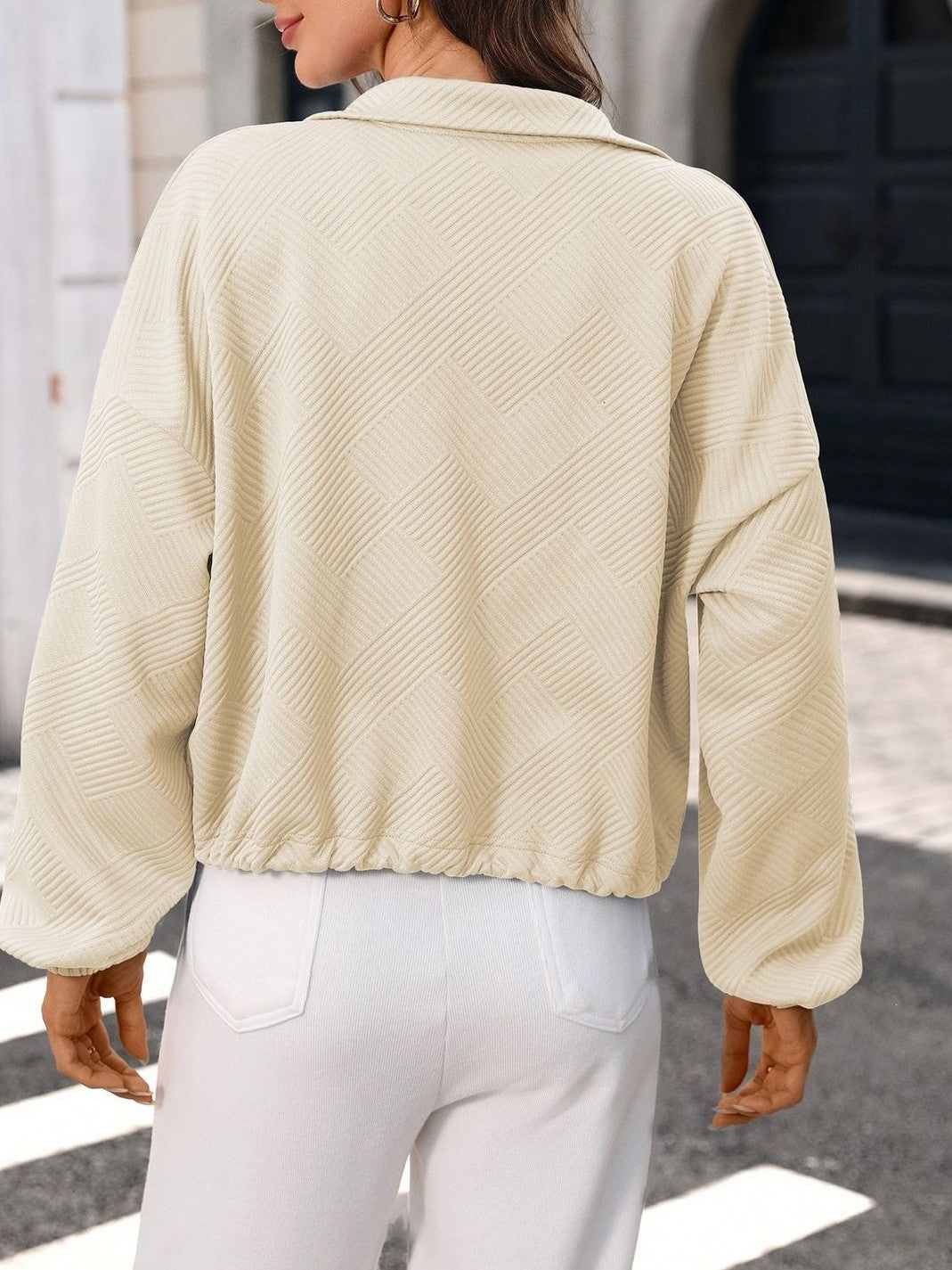 Boxy Puff Sleeve Coat With Waffle Texture - Apricot - 2