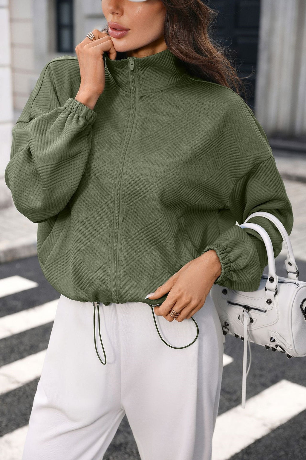 Boxy Puff Sleeve Coat With Waffle Texture - ArmyGreen