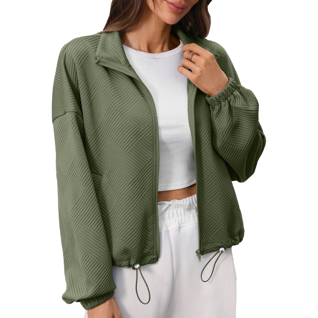 Boxy Puff Sleeve Coat With Waffle Texture - ArmyGreen - 1