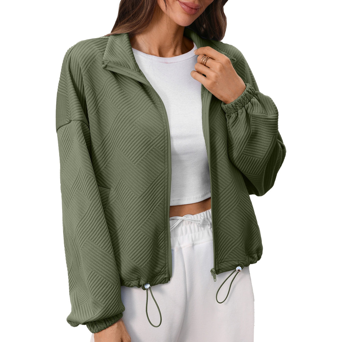 Boxy Puff Sleeve Coat With Waffle Texture - ArmyGreen - 1