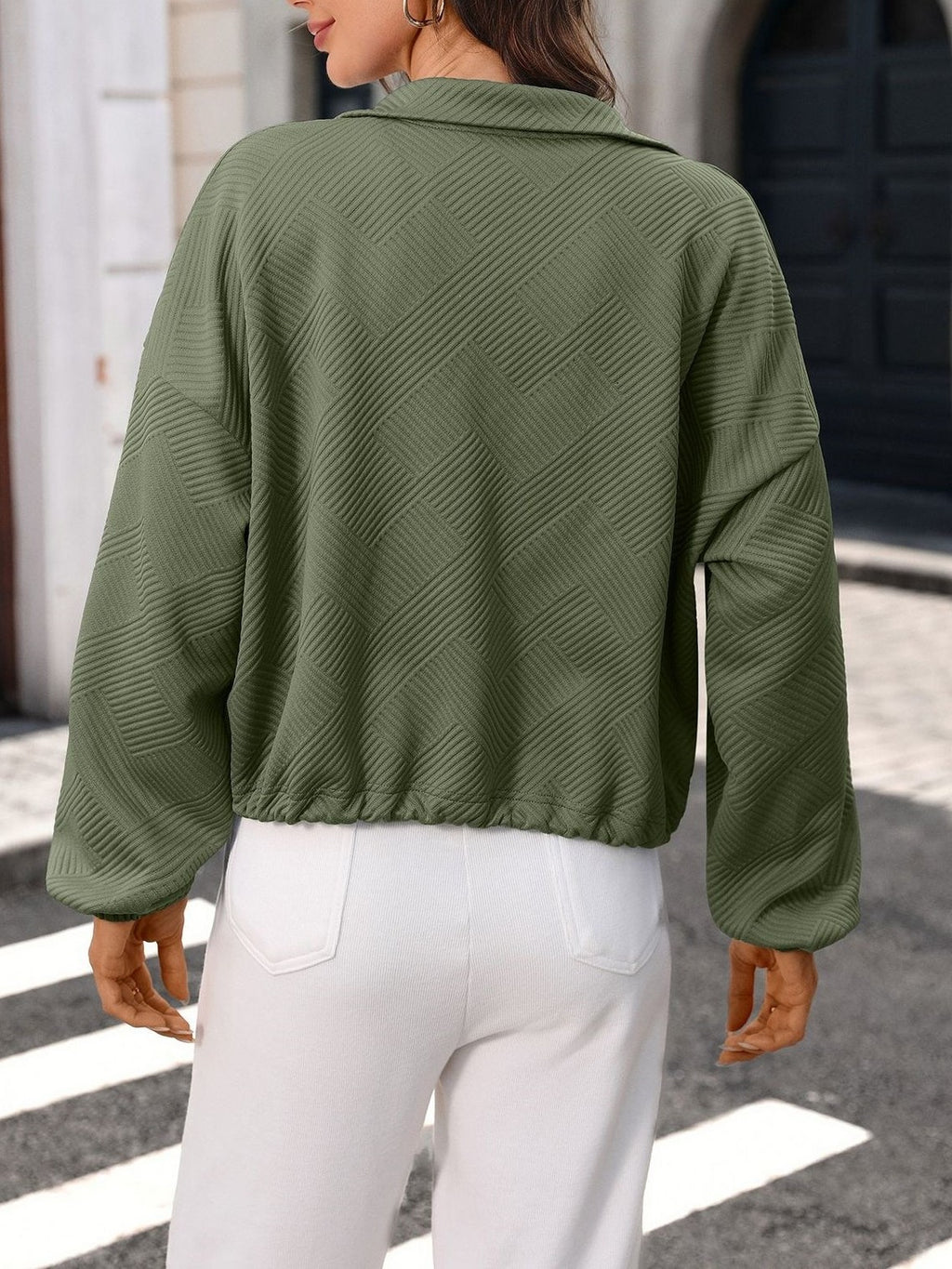 Boxy Puff Sleeve Coat With Waffle Texture - ArmyGreen - 3