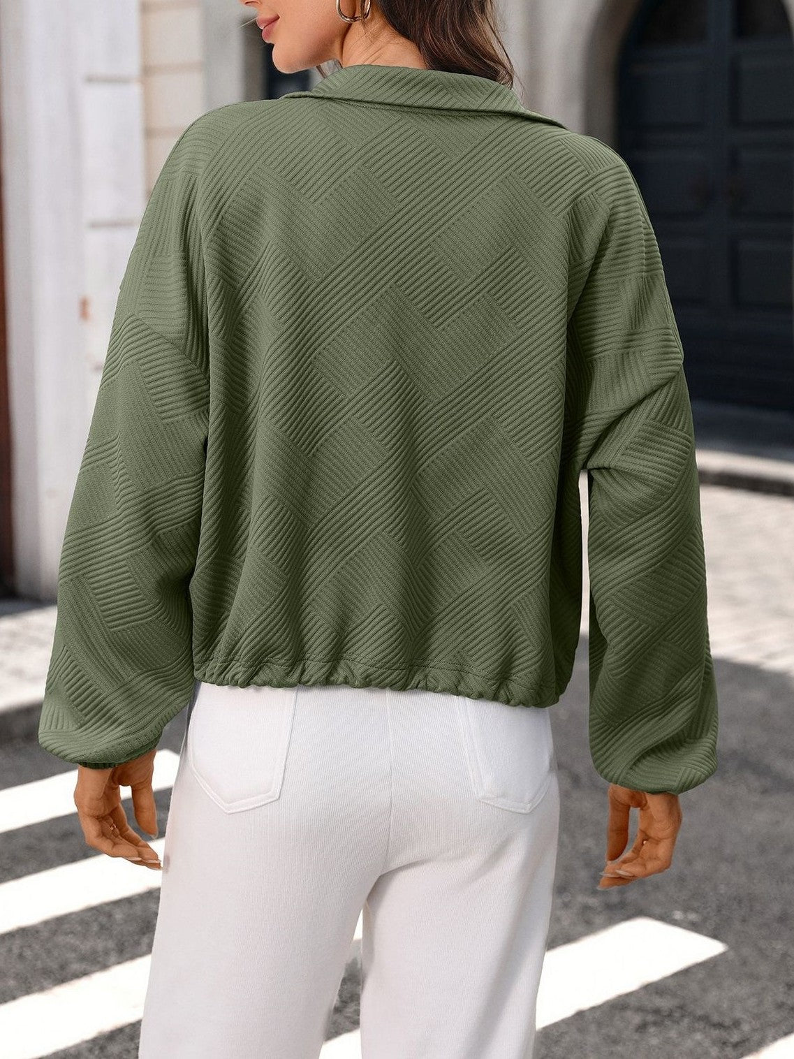 Boxy Puff Sleeve Coat With Waffle Texture - ArmyGreen - 3