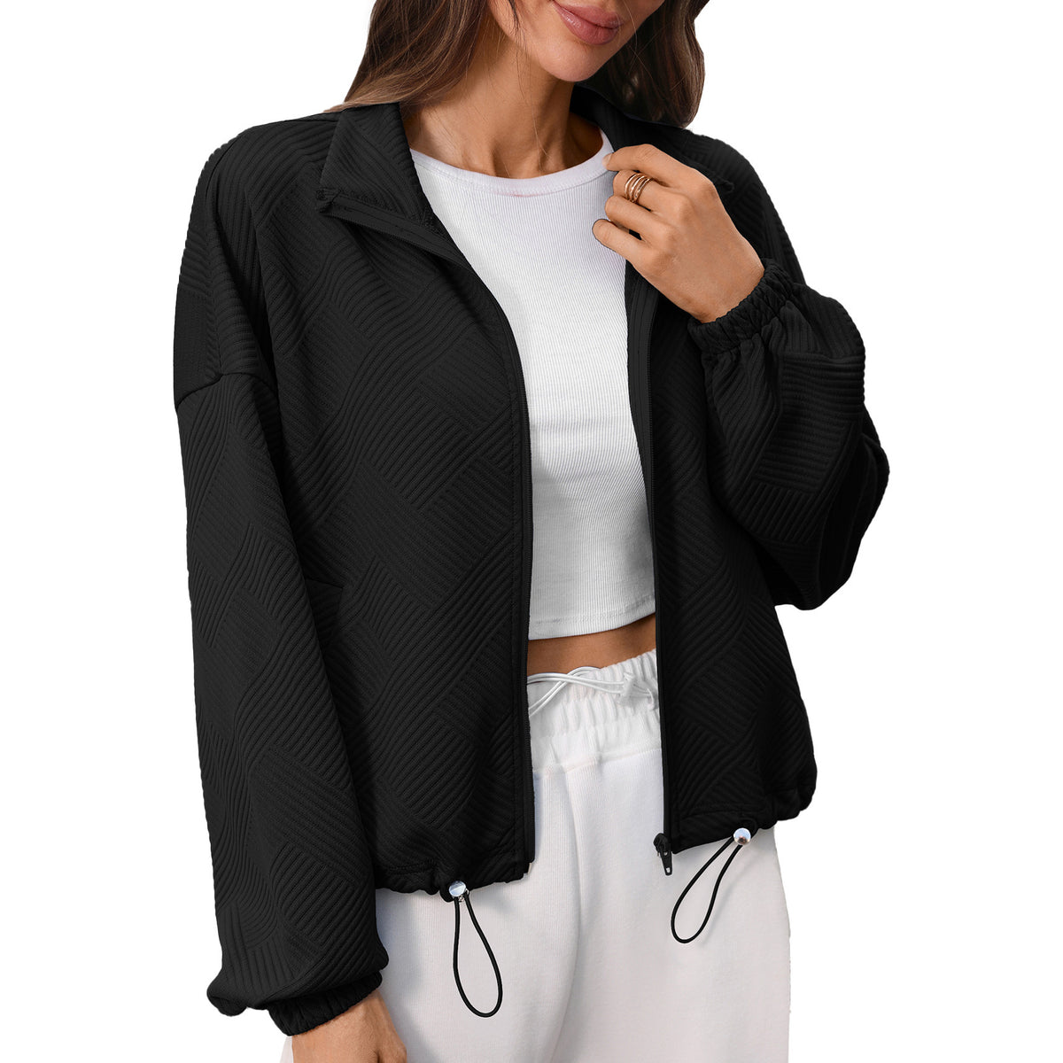Boxy Puff Sleeve Coat With Waffle Texture - Black