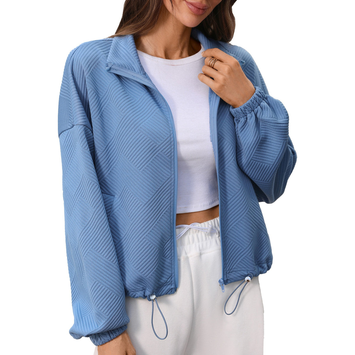 Boxy Puff Sleeve Coat With Waffle Texture - Blue