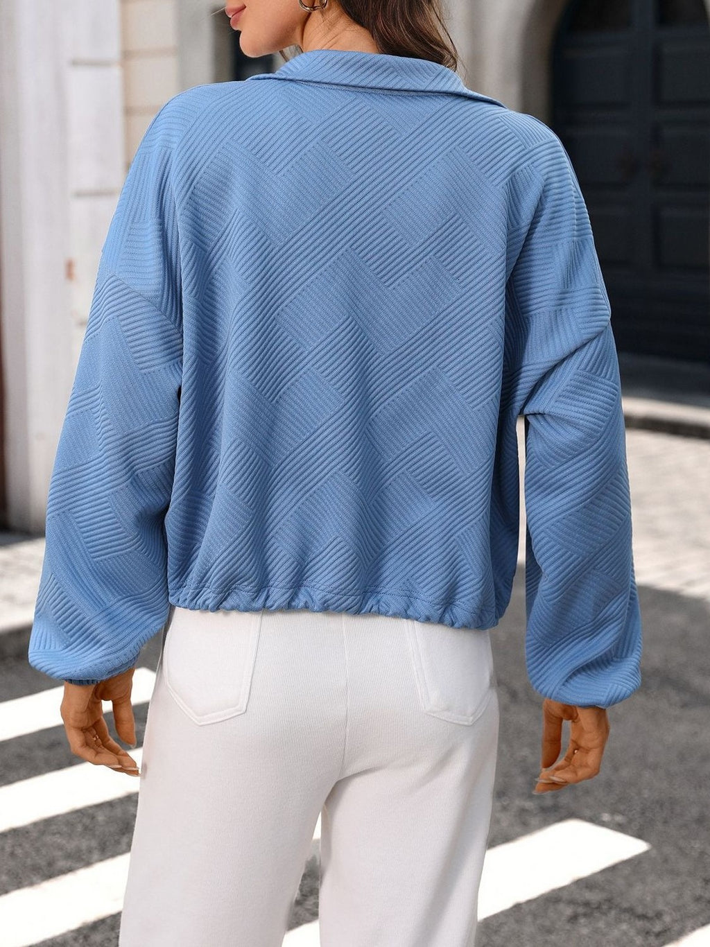 Boxy Puff Sleeve Coat With Waffle Texture - Blue - 1