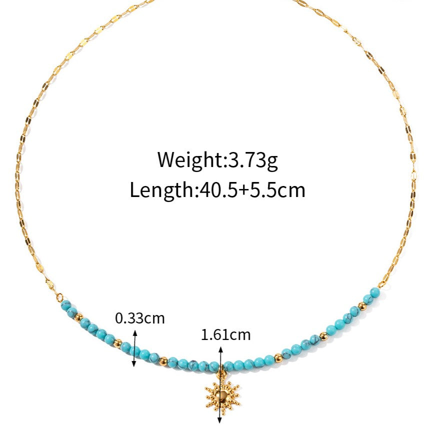 Sunburst Pendant Turquoise Beaded Necklace - Gold