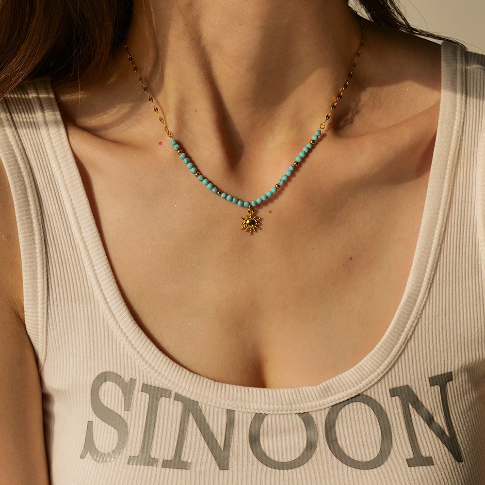 Sunburst Pendant Turquoise Beaded Necklace - Gold - 1