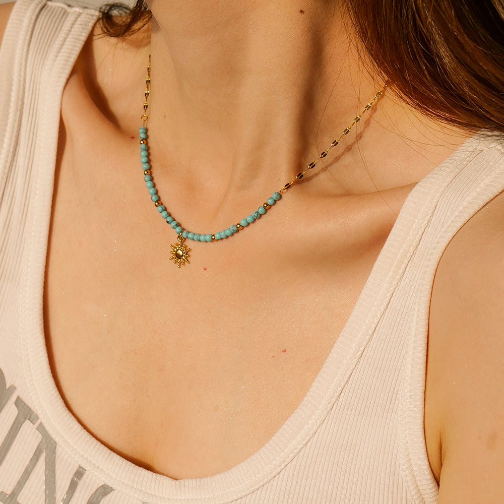 Sunburst Pendant Turquoise Beaded Necklace - Gold - 2