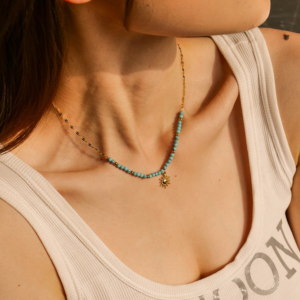 Sunburst Pendant Turquoise Beaded Necklace - view 1
