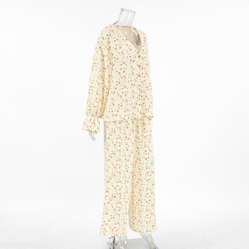 Ditsy Floral Long Sleeve Pajama Set - Apricot