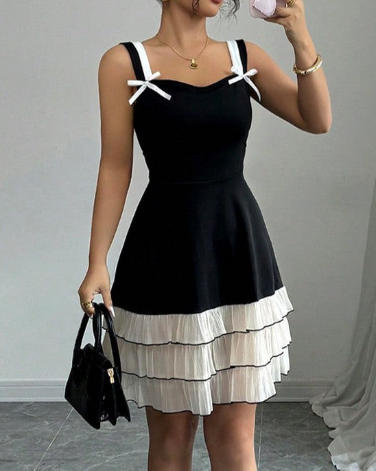 Bow Strap Tiered Ruffle Mini Dress - Black
