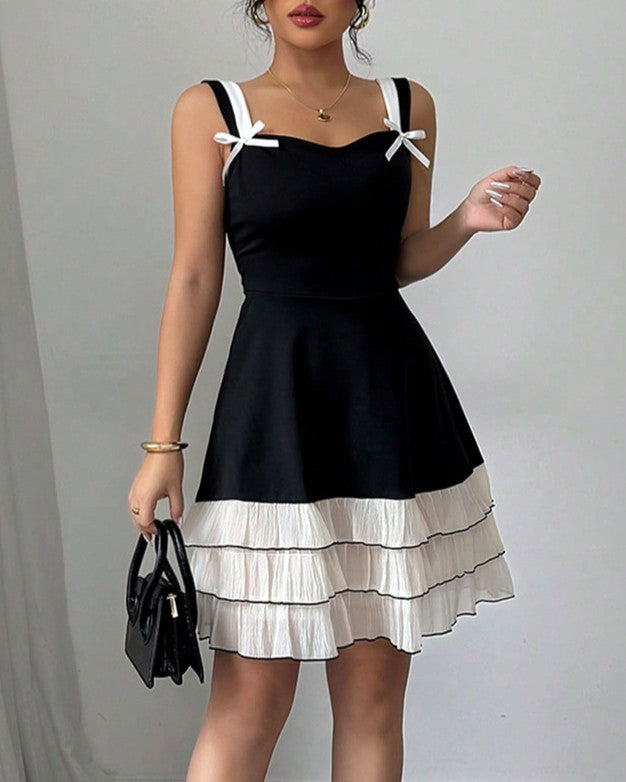 Bow Strap Tiered Ruffle Mini Dress - Pink - 1