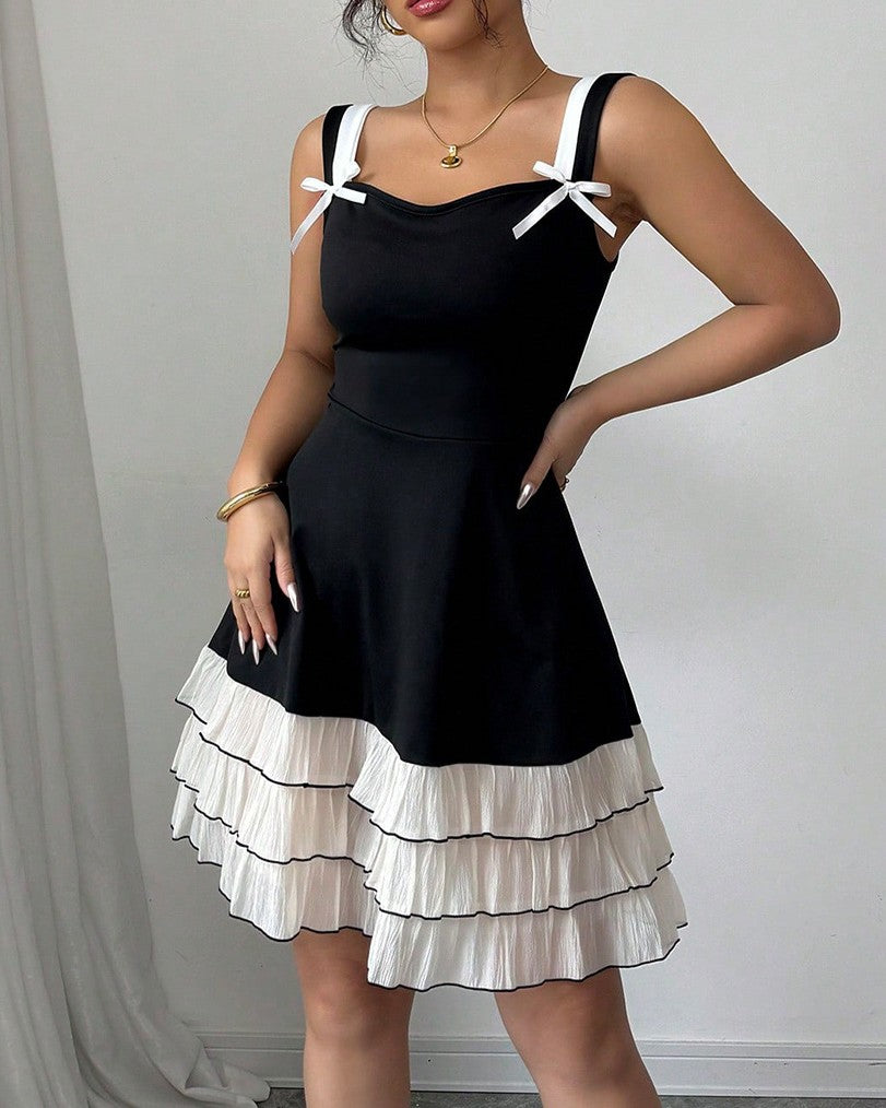 Bow Strap Tiered Ruffle Mini Dress - Pink - 2