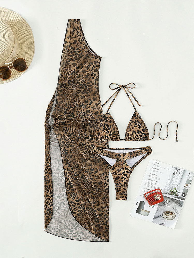 Triangle Bikini and Sarong Cover Up Set - Leopard - 2