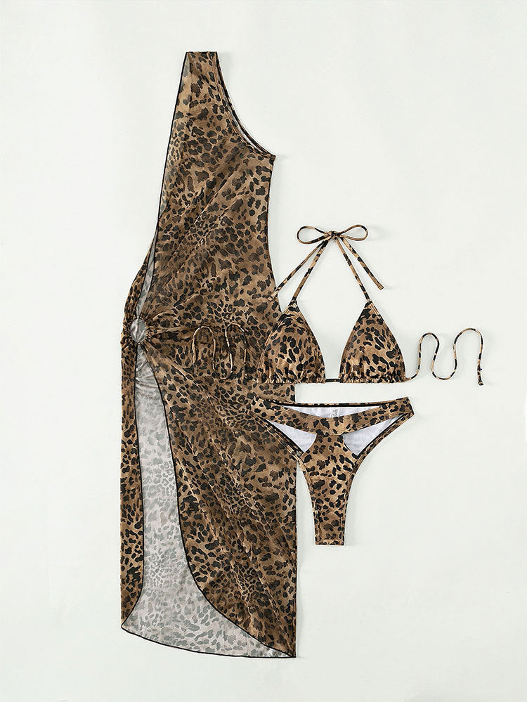 Triangle Bikini and Sarong Cover Up Set - Leopard - 3