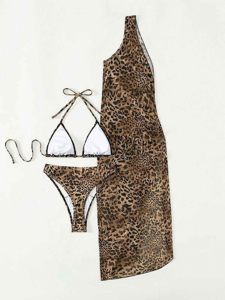 Triangle Bikini and Sarong Cover Up Set - Leopard - 4