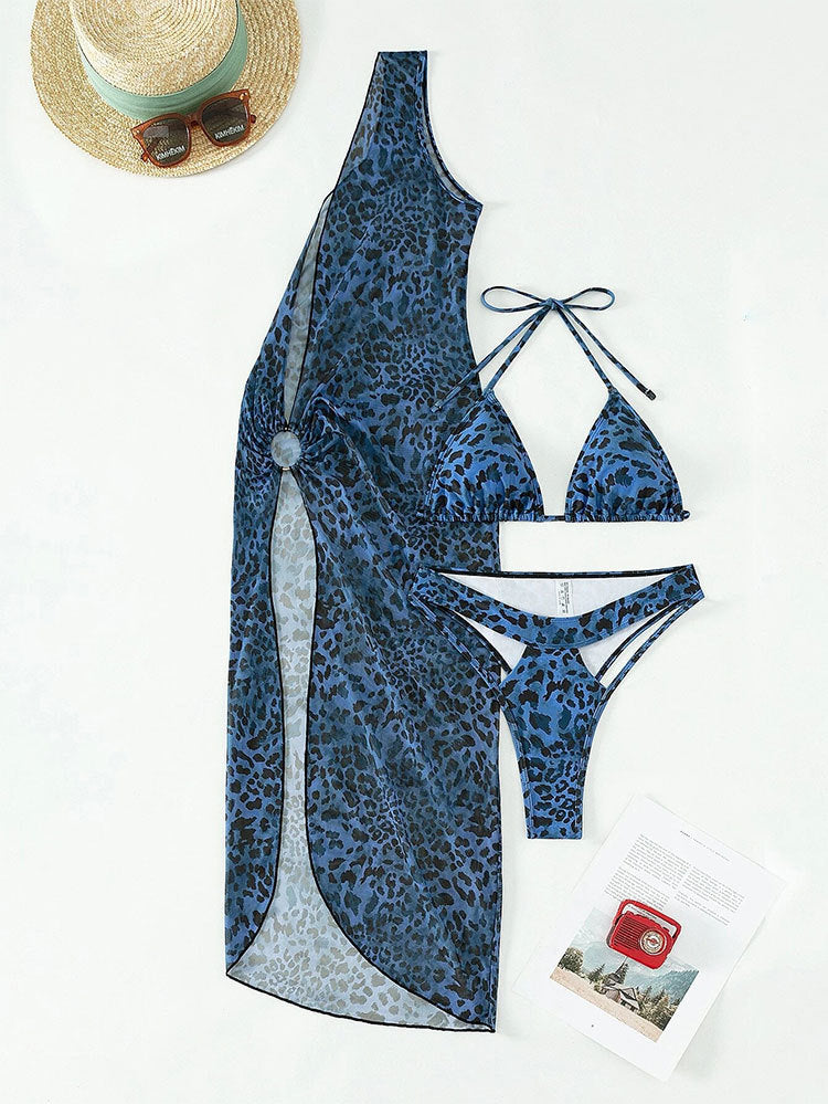 Triangle Bikini and Sarong Cover Up Set - Leopard-B - 1