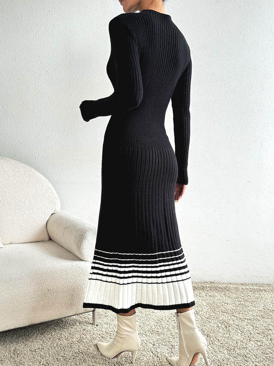 Ribbed Knit Midi Dress With Pleated Hem - Black - 3
