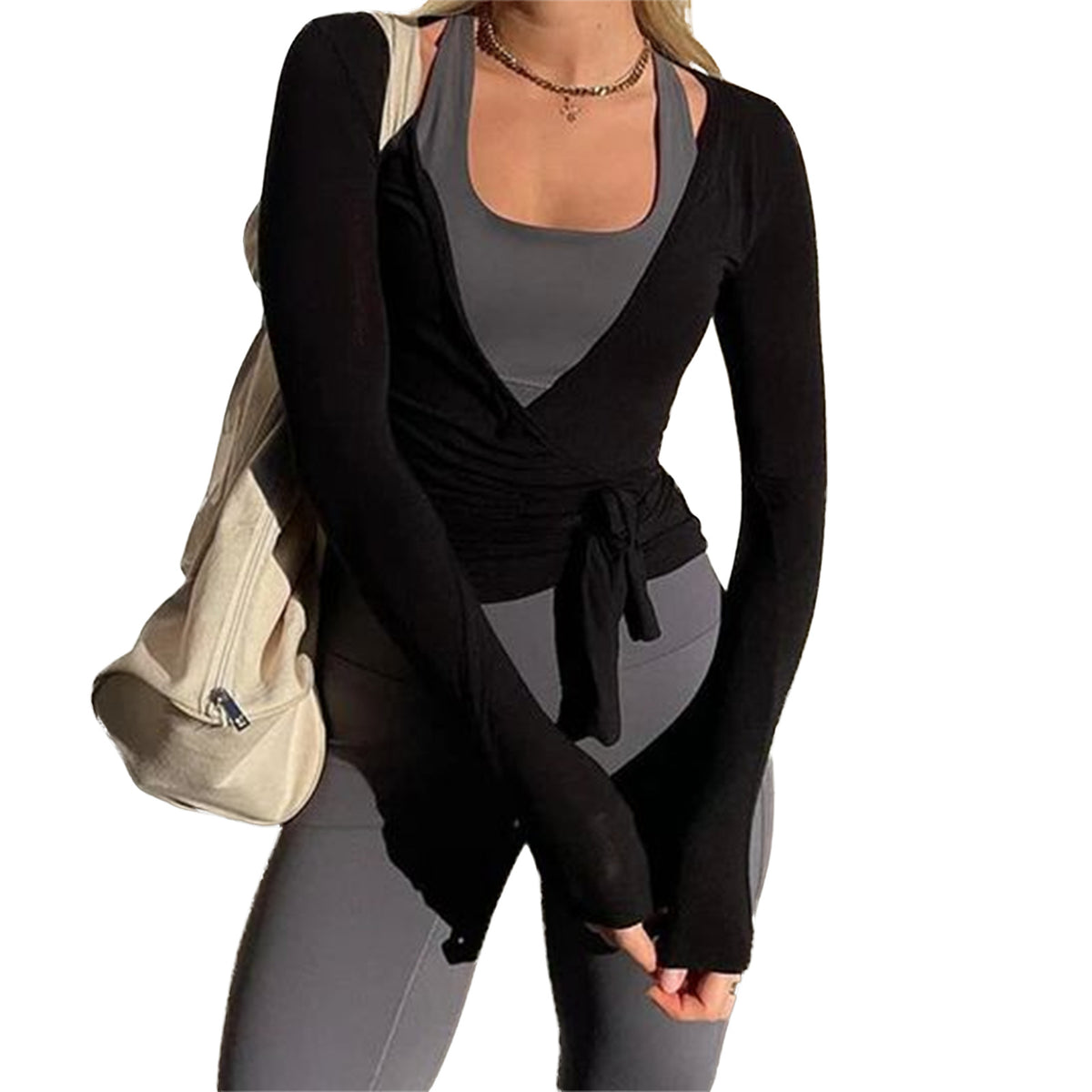 Tie Waist Wrap Front Long Sleeve Sports Top - Black