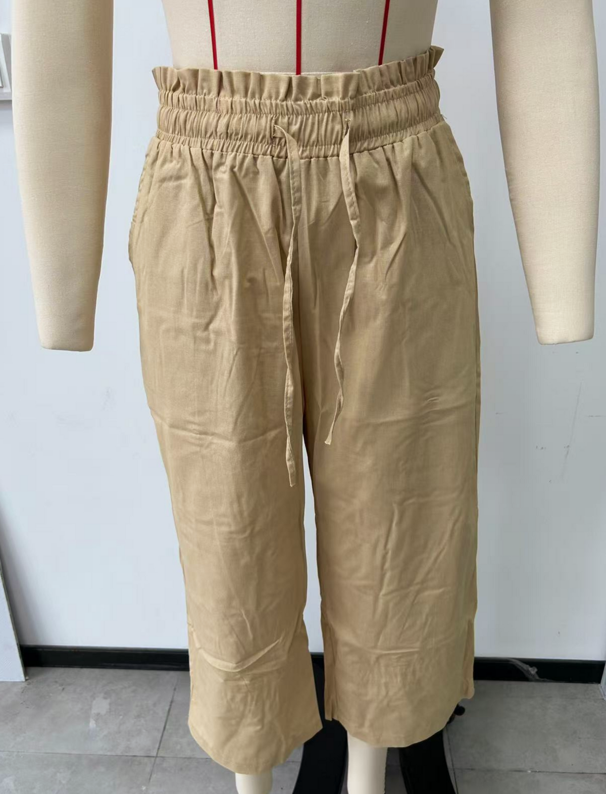 Paperbag Waist Cropped Culotte Pants - Khaki
