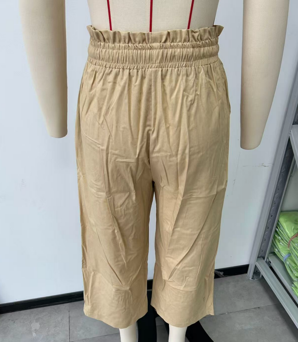 Paperbag Waist Cropped Culotte Pants - Khaki - 1