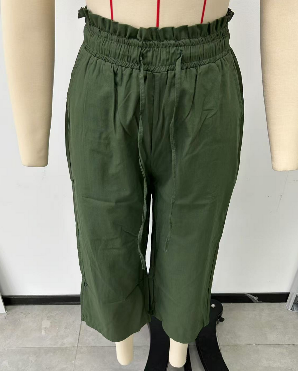 Paperbag Waist Cropped Culotte Pants - MGreen