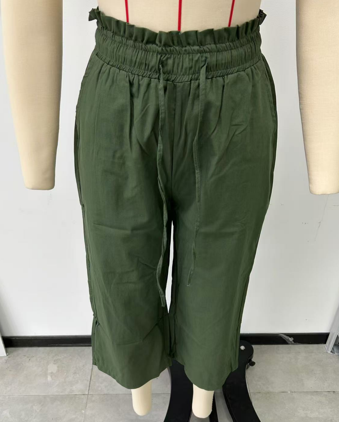 Paperbag Waist Cropped Culotte Pants - MGreen