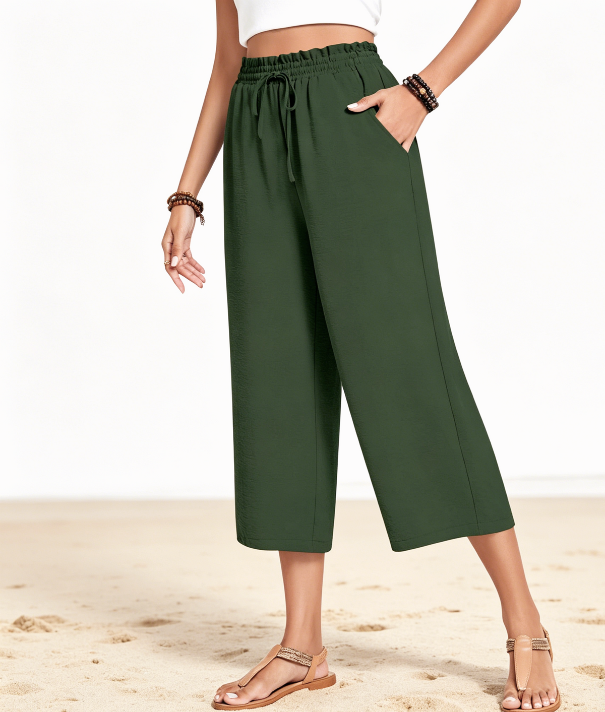 Paperbag Waist Cropped Culotte Pants - MGreen - 2