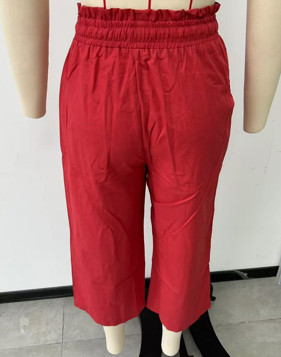 Paperbag Waist Cropped Culotte Pants - Red - 1