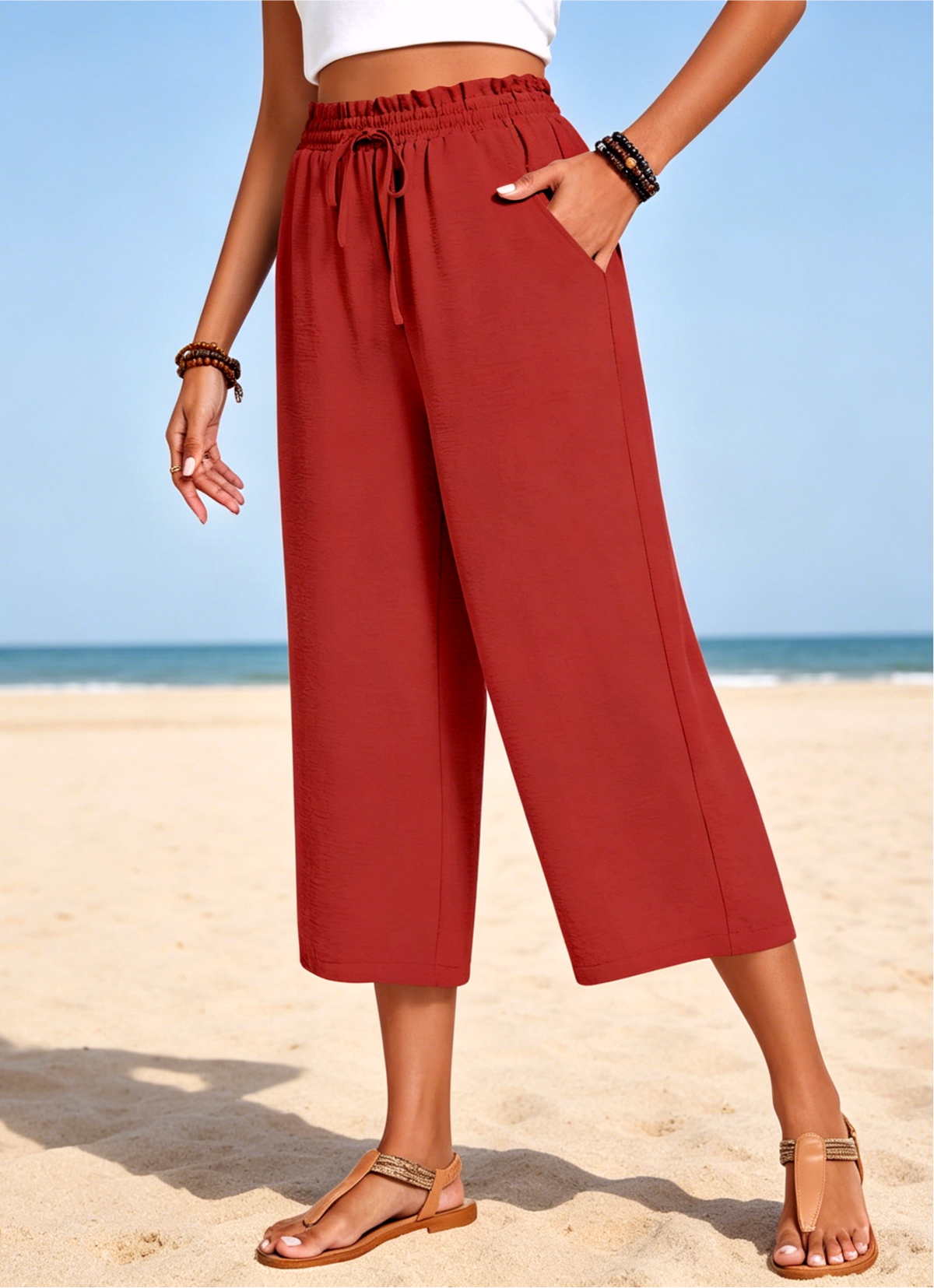 Paperbag Waist Cropped Culotte Pants - Red - 2
