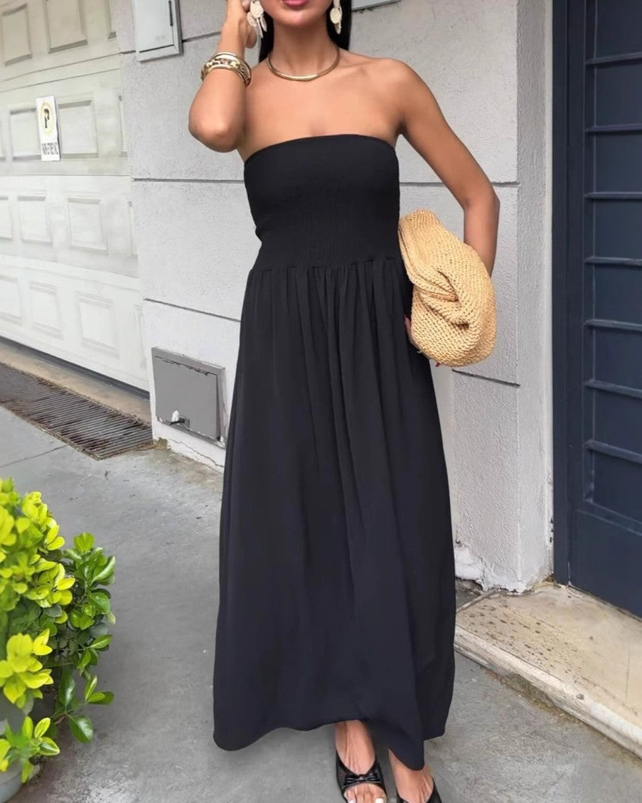 Smocked Strapless Tube Maxi Dress With Pockets - Black
