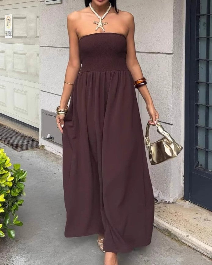 Smocked Strapless Tube Maxi Dress With Pockets - Coffee