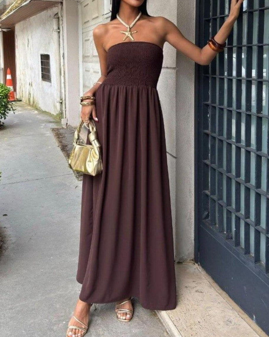 Smocked Strapless Tube Maxi Dress With Pockets - Coffee - 1