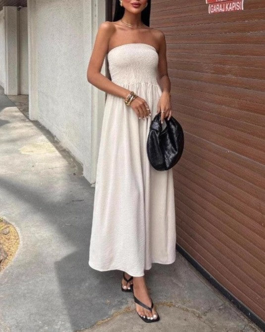 Smocked Strapless Tube Maxi Dress With Pockets - White