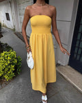 Smocked Strapless Tube Maxi Dress With Pockets - Yellow