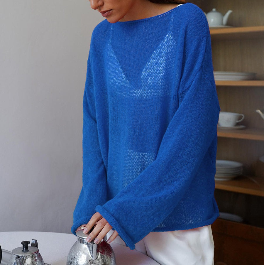 Sheer Knit Trumpet Sleeve T-Shirt - Blue