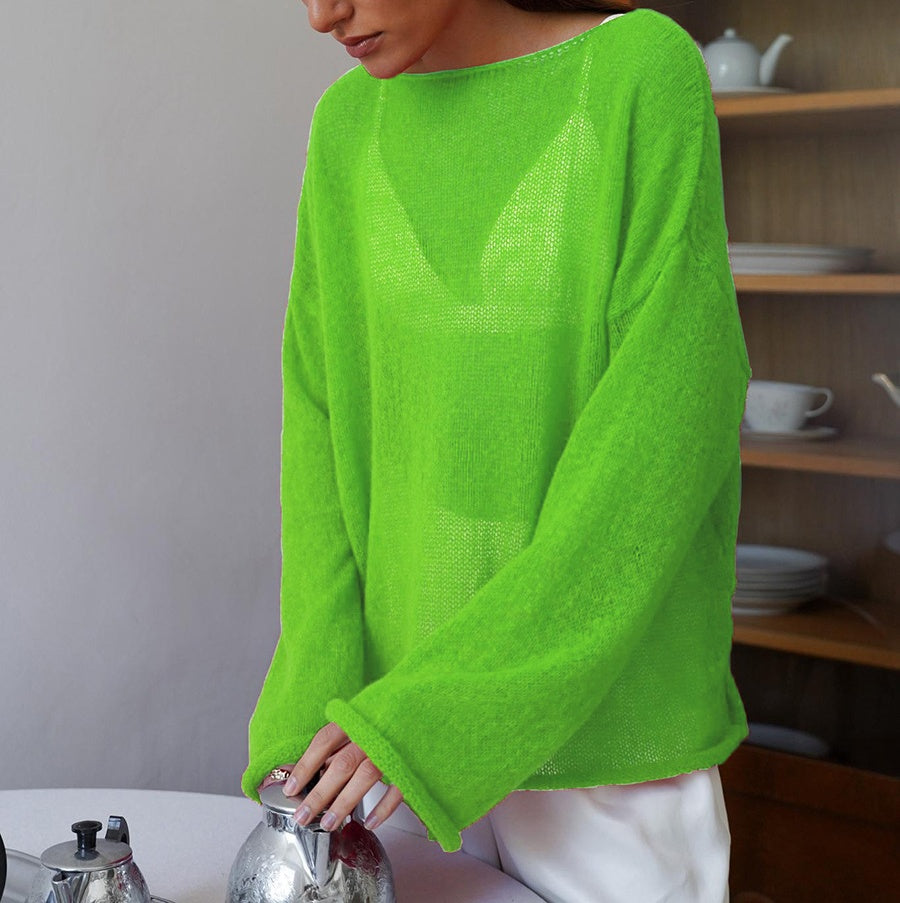Sheer Knit Trumpet Sleeve T-Shirt - Green