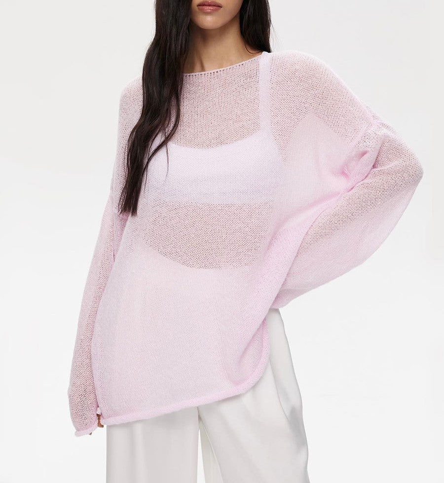 Sheer Knit Trumpet Sleeve T-Shirt - Pink